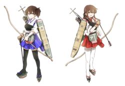  2girls akagi_(kancolle) arrow_(projectile) black_thighhighs bow_(weapon) brown_eyes brown_hair commentary_request flight_deck gloves hair_ribbon hakama hakama_short_skirt hakama_skirt japanese_clothes kaga_(kancolle) kantai_collection long_hair multiple_girls muneate partially_fingerless_gloves quiver ribbon ryukadomatsu side_ponytail skirt thighhighs weapon white_legwear yugake zettai_ryouiki 