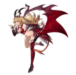  bare_shoulders blonde_hair breasts cleavage demon_tail elbow_gloves female full_body fur_trim gloves granblue_fantasy hair_ornament high_heels jewelry large_breasts long_hair lord_of_vermilion lord_of_vermilion_iii milia_(lord_of_vermilion) minaba_hideo necklace official_art open_mouth panties pointy_ears red_eyes side-tie_panties single_thighhigh single_wing smile solo tail thigh_strap thighhighs transparent_background underwear wings 