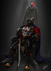  anthro armor biped blue_eyes cape chair claws cloak clothed clothing crown felid fur furniture gem gold_(metal) gren_(byere) grey_hair hair headgear hi_res light looking_at_viewer male mammal melee_weapon pantherine pink_nose platemail rock ruby_(gem) sitting solo stone_carving stone_work sword thescarletartist throne weapon 