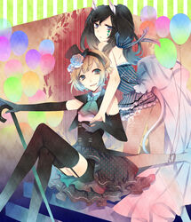  2girls animal_ears balloon bare_shoulders black_hair black_thighhighs blonde_hair blue_flower blue_rose cane commentary_request crossed_legs elbow_gloves facepaint flower garter_straps gloves hair_flower hair_ornament hat holding_hands kuroyuki long_hair looking_back mini_hat mini_top_hat multiple_girls original purple_eyes rose short_hair shorts sitting sleeveless tail thighhighs top_hat 