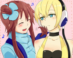  2girls bare_shoulders blonde_hair blue_eyes blush choker closed_eyes commentary_request elesa_(pokemon) gloves hair_ornament hand_in_own_hair headphones long_hair michigan multiple_girls musical_note open_mouth pokemon pokemon_bw red_hair ruffling_hair short_hair skyla_(pokemon) smile 