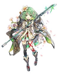  asymmetrical_legwear blush boots cloak female flower full_body gem green_eyes green_hair hair_flower hair_ornament highres magia_record:_mahou_shoujo_madoka_magica_gaiden magical_girl mahou_shoujo_madoka_magica natsume_kako ribbon shino_(eefy) skirt smile weapon 