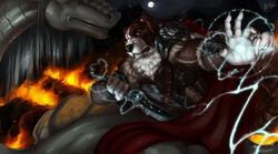  absurd_res ambiguous_gender anthro armor black_nose bracers brown_body brown_fur canid canine canis claws cloak clothed clothing domestic_dog dragon duo electricity falchion feral fire fur gem glowing great_dane grey_body grey_eyes grey_scales hi_res hybrid magic magic_user male mammal mane mastiff melee_weapon molosser moon mountain mountain_dog mythological_creature mythological_scalie mythology platemail saint_bernard scales scalie sword thescarletartist weapon white_body white_fur zeus_(zeus.) 