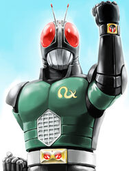  1boy antennae arm_up belt clenched_hand commentary_request kamen_rider kamen_rider_black_rx kamen_rider_black_rx_(series) male_focus matchin photoshop_(medium) pose red_eyes revision solo 