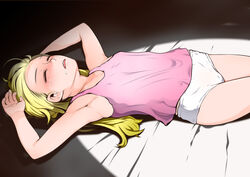  armpits blonde_hair closed_eyes drooling female female flat_chest j7w lolicon long_hair lying on_back original panties pink_shirt saliva shirt sleeping solo tanktop underwear white_panties 