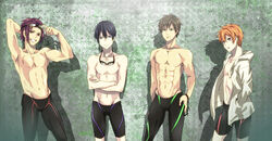  4boys abs arms_up bike_shorts blue_eyes brown_eyes brown_hair commentary_request crossed_arms free! goggles goggles_around_neck goggles_on_head grin hands_in_pockets hazuki_nagisa hood hoodie jammers kyoto_animation_cm legskin male_focus male_swimwear matsuoka_rin mina_(o414) multiple_boys nanase_haruka_(free!) orange_hair pants photoshop_(medium) purple_hair shadow smile swimsuit tachibana_makoto tight_clothes tight_pants topless_male 