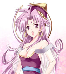  :o ahoge bare_shoulders breasts cape celine_jules cleavage commentary_request dress earrings facial_mark female forehead_mark halo hat hoop_earrings jewelry long_hair medium_breasts no_gloves no_tattoo open_mouth parted_bangs pointy_hat purple_dress purple_eyes purple_hair see-through shizufa solo star_ocean star_ocean_the_second_story witch_hat 