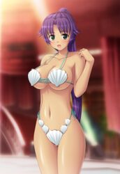  asuka_(dream_c_club_zero) bikini breasts commentary_request dark-skinned_female dark_skin dream_c_club dream_c_club_(series) dream_c_club_zero female green_eyes large_breasts long_hair nak_yama ponytail purple_hair shell shell_bikini shiny_skin side-tie_bikini_bottom swimsuit 