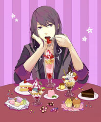  1boy bad_id bad_pixiv_id black_eyes black_hair blonde_hair blue_hair brown_hair cake candy cupcake estellise_sidos_heurassein food fruit ice_cream judith_(tales) long_hair male_focus mgg_(x_arte) patty_fleur pink_hair purple_background rita_mordio star_(symbol) strawberry striped striped_background tales_of_(series) tales_of_vesperia yuri_lowell 