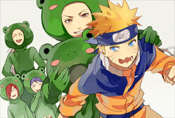  3boys alternate_universe animal_costume blonde_hair blue_eyes brown_eyes commentary female forehead_protector frog_costume jiraiya_(naruto) kkkkt konan_(naruto) long_hair multiple_boys nagato_(naruto) naruto naruto_(series) naruto_shippuuden purple_hair red_hair smile time_paradox uzumaki_naruto yahiko_(naruto) 