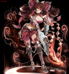  :&lt; alternate_costume armor artist_name blizzomos bow breasts brown_eyes brown_hair cleavage cleavage_cutout closed_mouth clothing_cutout commentary female floating_hair full_body gohei greaves hair_tubes hairbow hakurei_reimu highres large_breasts leaning_forward long_hair long_sleeves looking_back md5_mismatch miniskirt ofuda red_bow red_skirt shoulder_pads sidelocks skirt solo standing thighhighs touhou wide_sleeves yin_yang zettai_ryouiki 