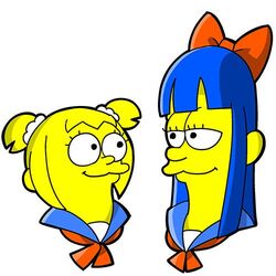  2girls :3 bkub blunt_bangs bow face-to-face hairbow long_hair lowres matt_groening_(style) multiple_girls parody pipimi poptepipic popuko sailor_collar short_twintails simple_background style_parody the_simpsons toon_(style) twintails white_background 