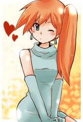  alternate_costume aqua_eyes commentary_request dress earrings elbow_gloves female gloves hagino_aki heart jewelry kasumi_(pokemon) long_hair lowres one_eye_closed orange_hair pokemon side_ponytail solo v_arms 