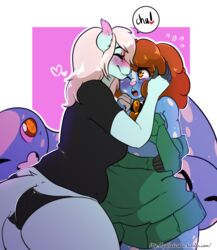  2017 anthro ass belly blush breasts clothing collar duo female female/female geeflakes geeflakes_(character) hanging_belly heart_eyes heart_symbol hi_res kissing lagomorph leporid mammal monster panties rabbit slightly_chubby sweater thick_thighs topwear underwear 