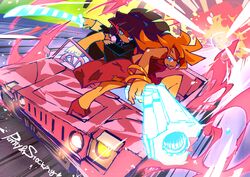  2girls bad_id bad_pixiv_id barefoot blonde_hair blue_eyes blue_hair bow car commentary_request dress explosion gun hairbow long_hair mayuge1017 motor_vehicle multicolored_hair multiple_girls panty_&amp;_stocking_with_garterbelt panty_(psg) pink_hair red_dress see-through_(psg) siblings sisters stocking_(psg) sword two-tone_hair weapon 