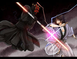  2boys battle black_hair crossover darth_maul highres horns ishikawa_goemon_xiii japanese_clothes lightsaber lupin_iii matano_maya multiple_boys star_wars sword weapon 