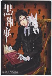  1boy black_hair book eyewear_strap glasses gloves kuroshitsuji male_focus necktie rabbit red_eyes sebastian_michaelis solo toboso_yana 