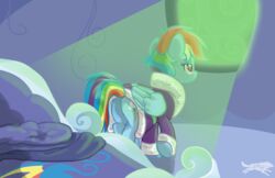  absurd_res ass bathrobe bed clothing cutie_mark equid equine feathered_wings feathers female feral friendship_is_magic fur furniture hair hasbro hi_res light lostinthetrees_(artist) mammal multicolored_hair my_little_pony mythological_creature mythological_equine mythology pegasus rainbow_dash_(mlp) rainbow_hair robe solo wings 