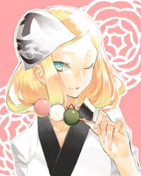  92m bad_id bad_pixiv_id blonde_hair blue_eyes dango female fingernails flower food hiteihime_(katanagatari) japanese_clothes katanagatari kimono long_fingernails mask one_eye_closed short_hair smile solo wagashi 