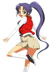  absurdres asuka_(dream_c_club_zero) commentary_request dream_c_club dream_c_club_(series) dream_c_club_zero female highres kneehighs long_hair mole onija_tarou panties pantyshot plaid ponytail purple_eyes purple_hair shoes skirt sneakers socks solo striped underwear very_long_hair vest 