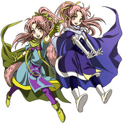  2girls blue_legwear boots bow cape commentary_request debeso dress dual_persona full_body gloves hair_ribbon high_ponytail long_hair millie_chliette multiple_girls open_mouth pantyhose pink_eyes pink_hair pointy_ears ponytail purple_legwear ribbon sidelocks simple_background smile star_ocean star_ocean_first_departure tail white_gloves 