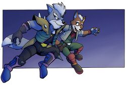  anthro canid canine canis cirruskitfox clothed clothing duo fox fox_mccloud fully fur gradient_background male mammal nintendo simple_background star_fox wolf wolf_o&#039;donnell 