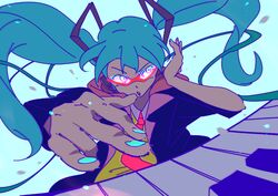  aqua_eyes aqua_hair bad_id bad_pixiv_id commentary_request female fingernails foreshortening hands hatsune_miku instrument jacket keyboard_(instrument) long_hair mayuge1017 nail_polish necktie open_mouth solo sunglasses twintails upper_body very_long_hair vocaloid 