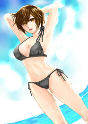  armpits arms_up bikini breasts brown_eyes brown_hair cleavage commentary_request female hamura_mayu large_breasts lipstick makeup meiko_(vocaloid) navel short_hair side-tie_bikini_bottom solo swimsuit underboob vocaloid wet 