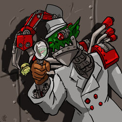  1boy artist_request colored_skin crossover cyborg green_skin hat inspector_gadget magnifying_glass male_focus orc ork_(warhammer) parody photoshop_(medium) pointy_ears raincoat solo warhammer_40k 