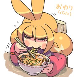  antenna_hair blonde_hair blush_stickers chopsticks closed_eyes commentary eating female food gashi-gashi happy noodles original sayaka-chan_(gashi-gashi) solo 