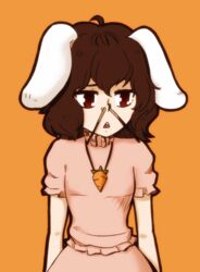  animal_ears brown_hair carrot carrot_necklace commentary_request dress female food inaba_tewi jewelry necklace nose orange_background pendant pink_dress pocky rabbit_ears red_eyes short_hair simple_background solo touhou triangle_mouth up_nose xkaishaku 