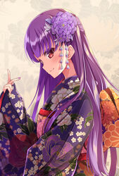  ayase_rin_(raramagi) blush closed_mouth commentary female floral_background floral_print flower from_side hair_flower hair_ornament japanese_clothes kanzashi kimono long_hair nail_polish obi profile purple_hair purple_nails raramagi red_eyes rurukuru sash sleeves_past_wrists smile solo tsumami_kanzashi very_long_hair 