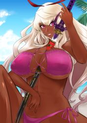  between_breasts bikini blonde_hair breasts commentary_request dark-skinned_female dark_skin female gamushiro_(souren) highres huge_breasts itou_ittousai_(sengoku_bushouki_muramasa) katana long_hair looking_at_viewer pink_eyes purple_bikini sengoku_bushouki_muramasa side-tie_bikini_bottom smile solo swimsuit sword very_dark_skin weapon 