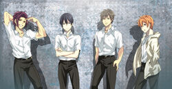  4boys alternate_costume arms_up blue_eyes brown_eyes brown_hair commentary_request crossed_arms free! grin hands_in_pockets hazuki_nagisa hood hoodie kyoto_animation_cm male_focus matsuoka_rin mina_(o414) multiple_boys nanase_haruka_(free!) orange_hair photoshop_(medium) purple_hair school_uniform shadow smile tachibana_makoto 