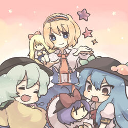  3girls alice_margatroid bad_id bad_pixiv_id blue_eyes blue_hair blush brown_eyes capelet character_doll closed_eyes doll food frills fruit green_hair hairband hat hinanawi_tenshi komeiji_koishi komeiji_satori konbu_ame long_hair multiple_girls nagae_iku peach purple_hair shanghai_doll shawl short_hair star_(symbol) sun_hat touhou 