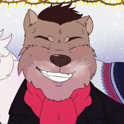  1:1 anthro breath brown_body brown_fur brown_hair bust_portrait christmas_lights closed_eyes clothed clothing front_view fur grin hair male mammal mustelid otter portrait repzzmonster scarf smile solo teeth 