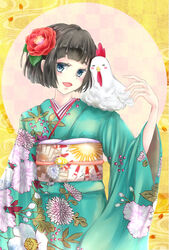  animal bird black_hair blue_eyes chicken chinese_zodiac commentary_request female floral_print flower hair_flower hair_ornament happy_new_year highres japanese_clothes kanchuumimai kimono nengajou new_year open_mouth original saramaganekoko upper_body year_of_the_rooster 