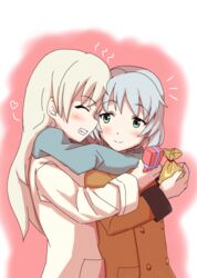  2girls ajapar bag blonde_hair closed_eyes commentary_request eila_ilmatar_juutilainen gift green_eyes grey_hair grin heart highres jacket long_hair multiple_girls official_alternate_costume sanya_v._litvyak scarf shared_clothes shared_scarf short_hair smile strike_witches teeth world_witches_series yuri 