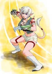  boots breasts claw_(weapon) cleavage colored_skin commentary_request dragon_quest dragon_quest_x female horns jewelry medium_breasts midriff necklace ogre_(dq10) photoshop_(medium) pink_skin pointy_ears purple_eyes short_hair shorts solo tail tattoo uchiyan-uchizum vest weapon white_hair white_shorts 