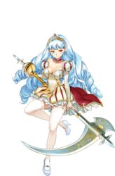  angeline blue_hair breasts bridal_gauntlets choker cleavage drill_hair earrings female full_body garter_straps high_heels holding holding_weapon jewelry large_breasts light_blue_hair long_hair long_sleeves looking_at_viewer official_art orange_eyes puffy_sleeves pumps sameda_koban scythe sennen_sensou_aigis skirt smile solo thighhighs tiara transparent_background weapon white_thighhighs 