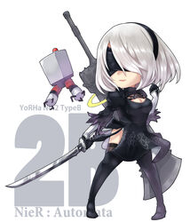  2b_(nier:automata) black_blindfold black_dress black_footwear black_thighhighs blindfold boots breasts character_name chibi cleavage commentary copyright_name covered_eyes dress english_commentary female highres kuronekozero large_breasts mole mole_under_mouth nier:automata nier_(series) pod_(nier:automata) sword thigh_boots thighhighs weapon white_hair 