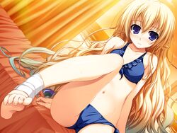  akatsuki_no_goei bandage barefoot blonde_hair blue_eyes game_cg kurayashiki_tae long_hair navel tomose_shunsaku 