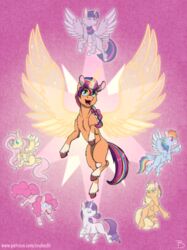  alicorn applejack_(mlp) blonde_hair blue_eyes closed_eyes earth_pony equid equine ethereal_wings feathered_wings feathers female feral fluttershy_(mlp) flying friendship_is_magic group hair hasbro hi_res hooves horn horse inuhoshi-to-darkpen long_hair mammal mane_six_(mlp) mlp_g5 multicolored_hair my_little_pony mythological_creature mythological_equine mythology open_mouth open_smile orange_body pegasus pink_body pink_hair pinkie_pie_(mlp) pony purple_hair rainbow_dash_(mlp) rainbow_hair rarity_(mlp) simple_background smile sunny_starscout_(mlp) twilight_sparkle_(mlp) unicorn white_body wings yellow_body 