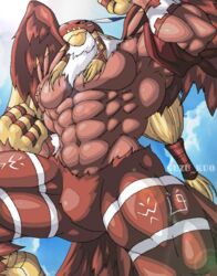  2020 abs anthro avian bandai_namco beak biceps blonde_hair digimon digimon_(species) feathered_wings feathers feet garudamon guzu_kuo hair long_hair male muscular muscular_anthro muscular_male muscular_thighs pecs red_body red_feathers signature solo tail tail_feathers talons tied_hair toes white_body white_feathers wings 