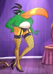  agri_birds angry_birds anthro avian bird clothing female footwear fur green_body green_fur hal_(angry_birds) high_heels legwear long_beak rovio_entertainment rule_63 sasha_(angry_birds) screencap sega solo stockings underwear unknown_artist 