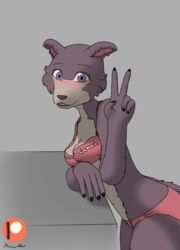  anthro beastars blue_eyes blush bow_ribbon bra bra_straps breast_squish breasts brown_body canid canine canis claws clothing female frilly frilly_clothing frilly_underwear gesture hand_gesture hi_res how-about juno_(beastars) looking_at_viewer mammal panties pink_bra pink_clothing pink_panties pink_underwear solo squish underwear v_sign wolf 