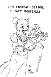  2022 2:3 adora_belle anthro ball black_and_white bracelet buckteeth clothing cybercorn_entropic dialogue dormouse dress english_text female fur gridiron_ball hair hazel_dormouse humor inktober jewelry mammal monochrome open_mouth pun rodent solo teeth text trans_(lore) visual_pun whiskers 