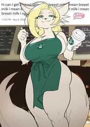  anthro apron apron_only big_breasts blanche blonde_hair breasts canid cleavage clothed clothing container cup english_text female green_apron green_clothing hair heart_after_text heart_symbol holding_container holding_cup holding_object holding_pen i_mean_breast_milk kittellox_(artist) mammal meme mostly_nude number pen repeated_text solo starbucks text text_with_heart time timestamp wide_hips 