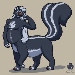  1:1 2021 4_fingers armpit_hair barefoot belly belly_tuft big_tail black_body black_fur body_hair cel_shading chest_tuft claws curled_hair digital_media_(artwork) digitigrade facial_hair fancy_foxx_(artist) feet fingerless_(marking) fingers fluffy fluffy_tail fur goatee green_eyes grey_body grey_fur grey_hair hair happy_trail hi_res long_hair male mammal mammal_taur mephitid mephitid_taur multicolored_body multicolored_fur nude paws raised_tail shaded side_view simple_background skunk skunk_taur slightly_chubby slightly_chubby_male smile solo tail taur three-quarter_view toeless_(marking) toes tuft two_tone_body two_tone_fur watermark whiskers 