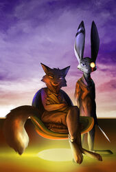  2019 absurd_res ambiguous_gender anthro barefoot canid canine chair cheek_tuft clothed clothing crossed_arms crossed_legs digital_media_(artwork) disney duo ear_markings facial_markings facial_tuft fan_character feet fox fur fur_markings furniture glowing glowing_eyes half-closed_eyes head_markings head_tuft hi_res holding_knife holding_object holding_weapon jack_savage knife lagomorph leporid looking_at_viewer mammal markings narrowed_eyes neveen_(kulkum) purple_eyes rabbit sitting standing thewyvernsweaver tuft weapon yellow_eyes zootopia 